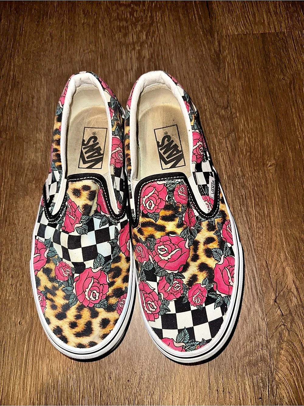 Vans Classic Slip-On Rose Animal Checkerboard Sneakers Pink & Black